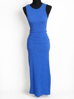 Elan Blue Ribbed Open Back Midi Dress NWT Ruched Stretch Bodycon M
